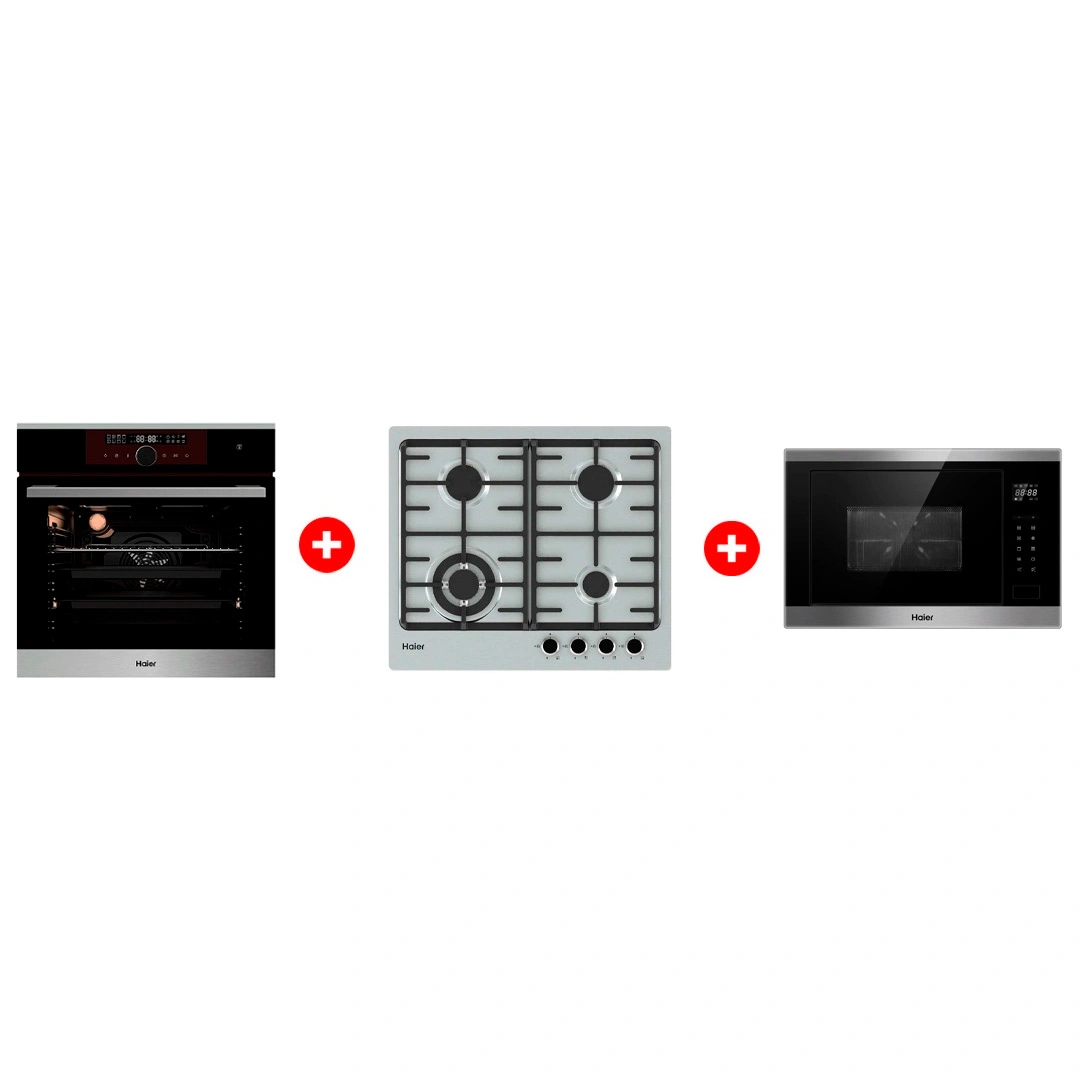 Комплект Встраиваемая микроволновая печь Haier HMX-BTG259X + Встраиваемый духовой шкаф Haier HOX-FP5RABX + Газовая варочная поверхность Haier HHX-M64CWFX 