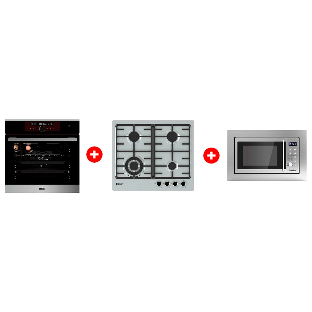 Комплект Встраиваемая микроволновая печь Haier HMX-BDG259LX + Встраиваемый духовой шкаф Haier HOX-FP5RABX + Газовая варочная поверхность Haier HHX-M64CWFX 