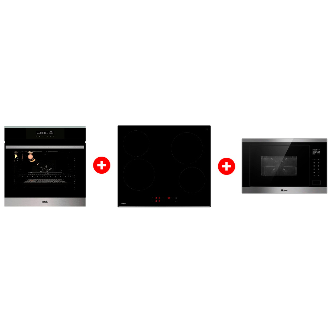 Комплект Встраиваемая микроволновая печь Haier HMX-BTG259X + Стеклокерамическая варочная поверхность Haier HHY-C64RVB + Встраиваемый духовой шкаф Haier HOX-FP3ABX 