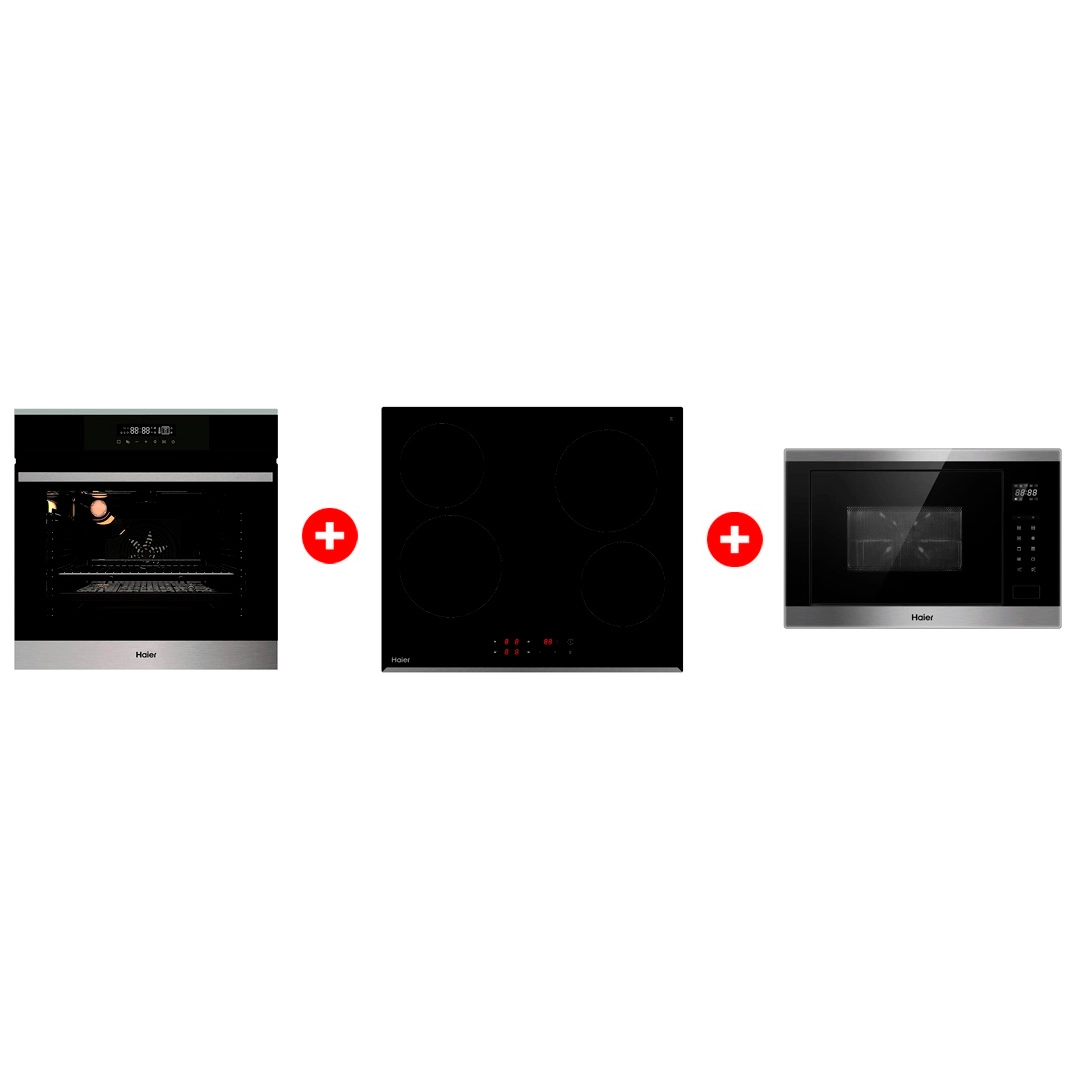 Комплект Встраиваемая микроволновая печь Haier HMX-BTG259X + Стеклокерамическая варочная поверхность Haier HHY-C64RVB + Встраиваемый духовой шкаф Haier HOX-FP3ABX 