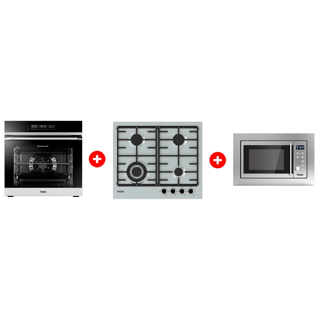 Комплект Встраиваемая микроволновая печь Haier HMX-BDG259LX + Встраиваемый духовой шкаф Haier HOQ-F5AABX + Газовая варочная поверхность Haier HHX-M64CWFX 