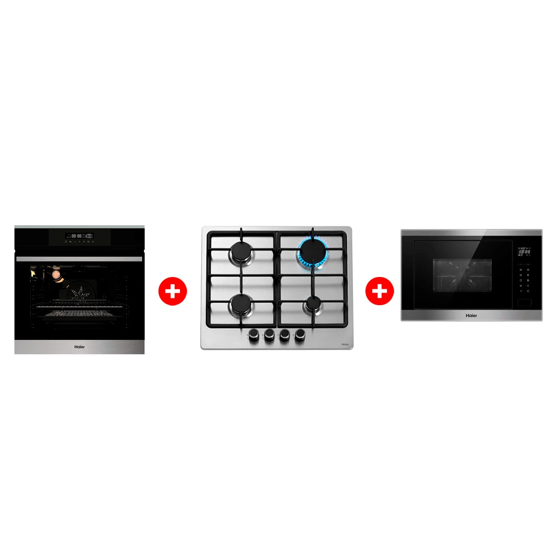 Жиынтық Haier  кіріктірілетін микротолқынды пеші HMX-BTG259X + Haier кіріктірілетін тұмша шкафы HOX-FP3ABX + Haier газ пісіру беті HHX-M64CNX 