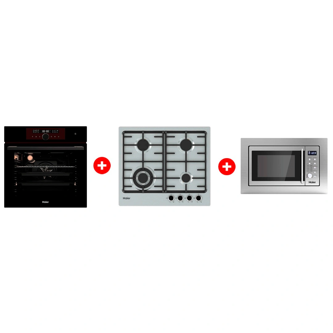 Жиынтық Haier  кіріктірілетін микротолқынды пеші HMX-BDG259LX + Haier кіріктірілетін тұмша шкафы HOX-FP5RAGB + Haier газ пісіру беті HHX-M64CWFX 