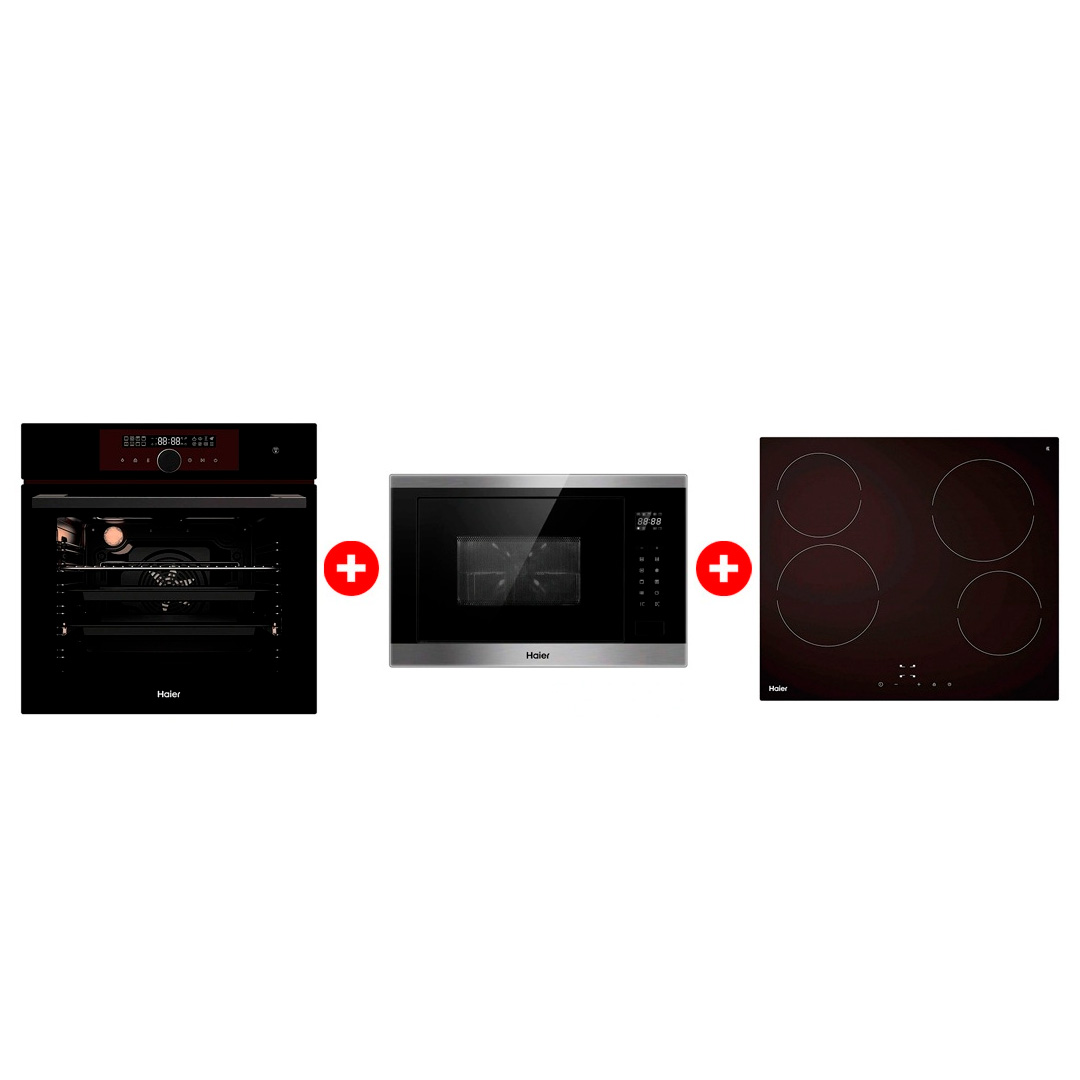 Комплект Встраиваемая микроволновая печь Haier HMX-BTG259X + Стеклокерамическая варочная поверхность Haier HHY-C64NVTB + Встраиваемый духовой шкаф Haier HOX-FP5RAGB 