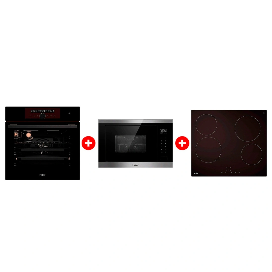 Жиынтық Haier  кіріктірілетін микротолқынды пеші HMX-BTG259X + Стеклокерамическая варочная поверхность Haier HHY-C64NVTB + Haier кіріктірілетін тұмша шкафы HOX-FP5RAGB 