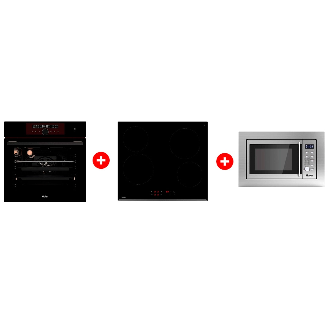 Жиынтық Haier  кіріктірілетін микротолқынды пеші HMX-BDG259LX + Haier шыны керамикалық плитасы HHY-C64RVB + Haier кіріктірілетін тұмша шкафы HOX-FP5RAGB 