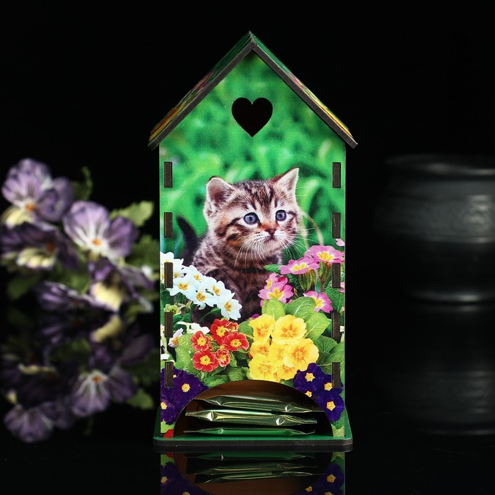 Чайный домик «Кот», цветы, 9,3×9,3×20 см 