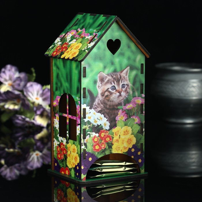 Чайный домик «Кот», цветы, 9,3×9,3×20 см 