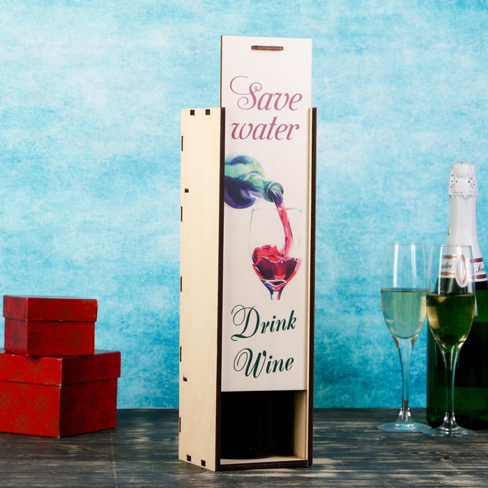 Бөтелке қорабы Save water. Drink wine, қақпағы бар, 11×11×38 см