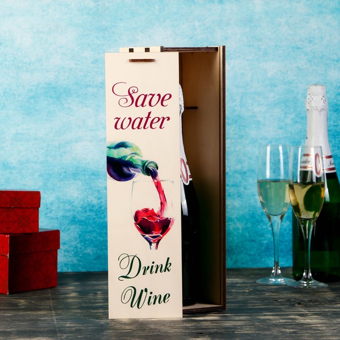 Бөтелке қорабы Save water. Drink wine, қақпағы бар, 11×11×38 см