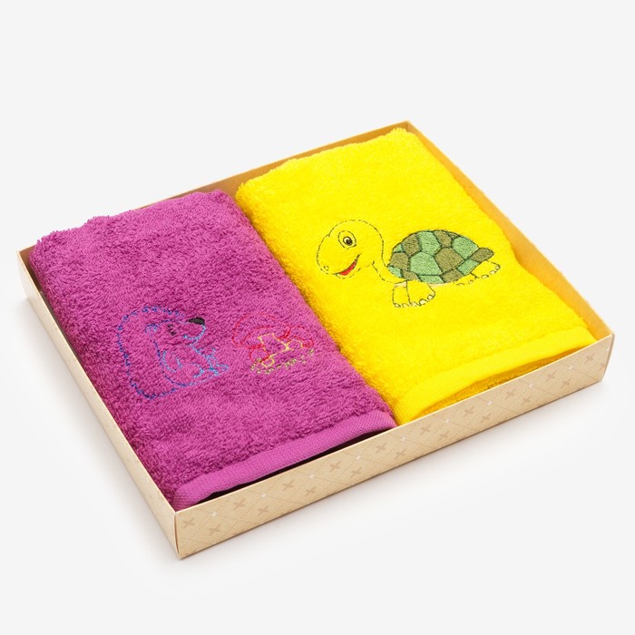 Набор полотенец "Черепаха и ёжик" 30*60 см-2 шт, желтый/фуксия 