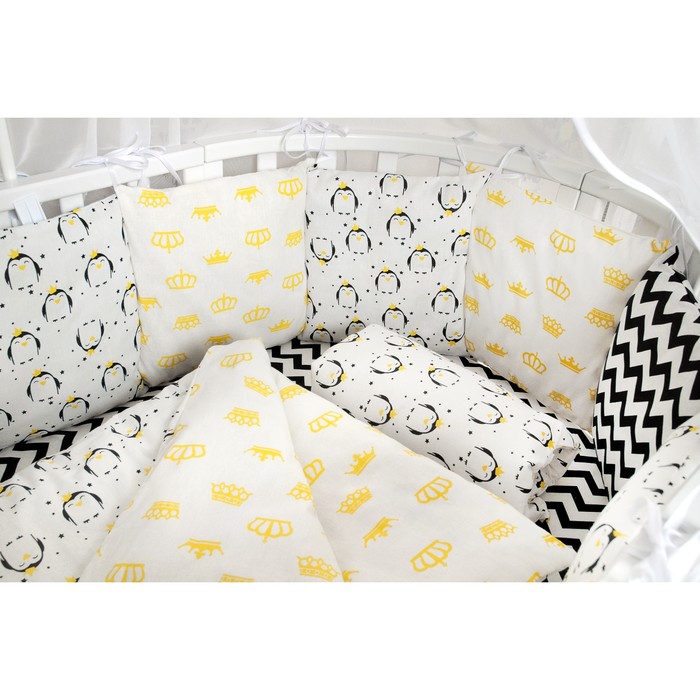 Комплект в кроватку 19 предметов, бязь, цвет жёлтый, принт пингвины 