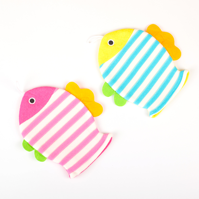 Мочалка варежка детская 19×21 см "Рыбка", полосатая, цвет МИКС 