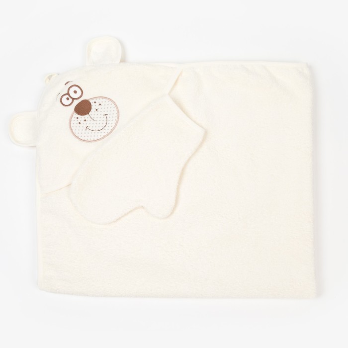 Набор для купания (полотенце-уголок, рукавица) с вышивкой "Мишка", размер 100х110 см, цвет бежевый (арт. К24/1) 