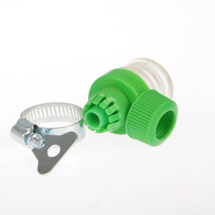 Коннектор с креплением на кран, 1/2" (12 мм) — 1/2" (12 мм), с хомутом, пластик, резина 