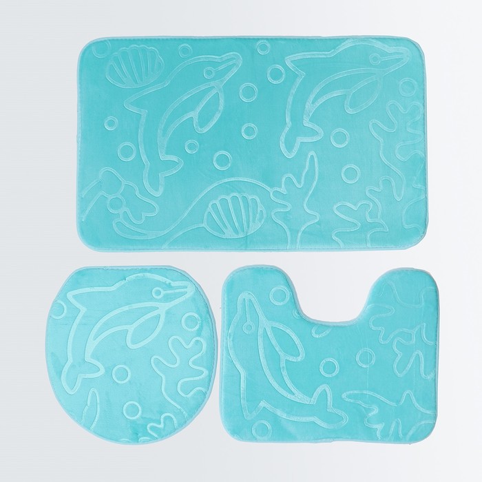 Набор ковриков для ванной и туалета "Дельфины" объёмные, 3 шт, цвет МИКС 