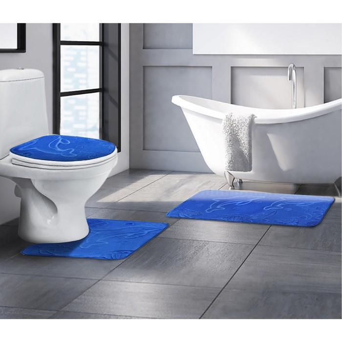 Набор ковриков для ванной и туалета "Дельфины" объёмные, 3 шт, цвет МИКС 