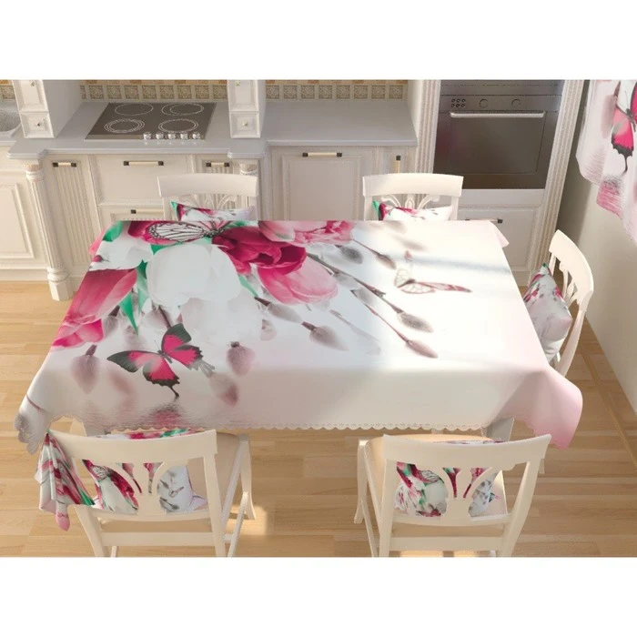 Фотоскатерть «Розовые тюльпаны с бабочками», размер 145 × 145 см, габардин 