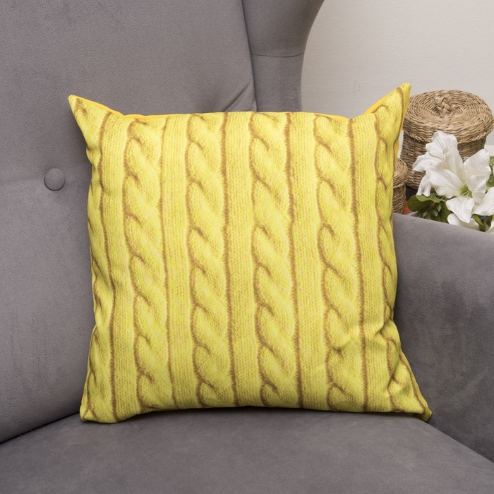 Подушка декоративная Вязанка желтая, 40х40см, габардин, синтетич. волокно, 160 гр/м 