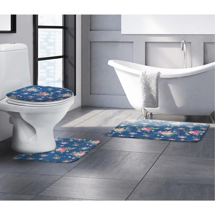 Набор ковриков для ванной и туалета "Розы на синем" 3 шт 