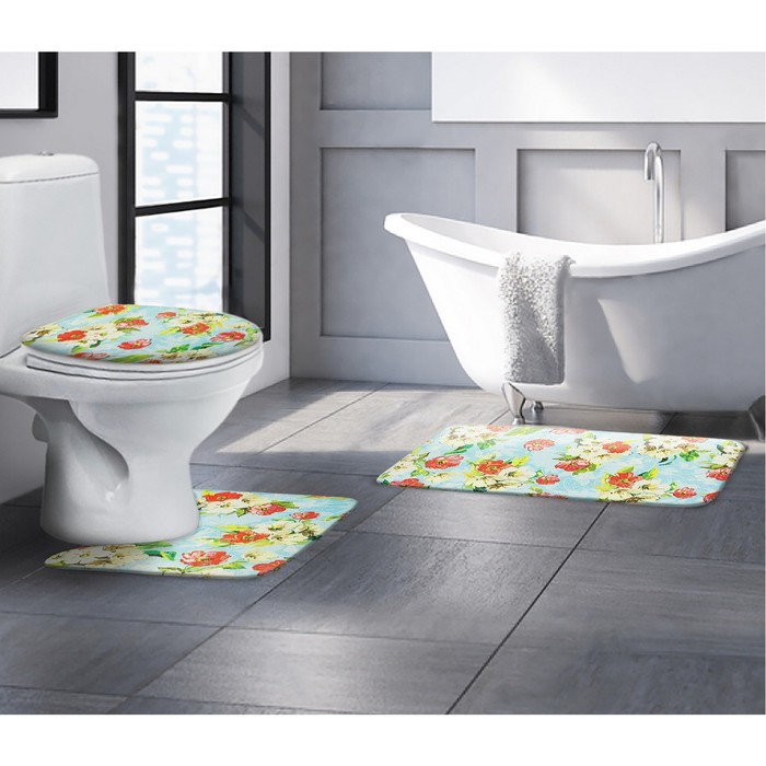 Набор ковриков для ванной и туалета "Цветы на голубом" 3 шт 