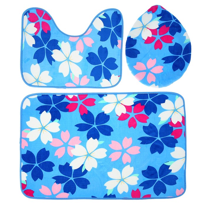 Набор ковриков для ванной и туалета "Цветы на голубом", 3 шт 
