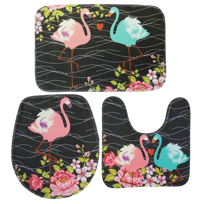 Набор ковриков для ванной и туалета "Фламинго" 3 шт, цвет черный 
