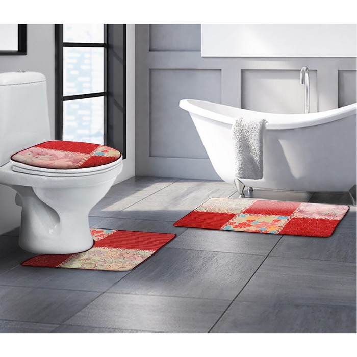Набор ковриков для ванны и туалета "Коллаж" 3 шт, цвет красный 