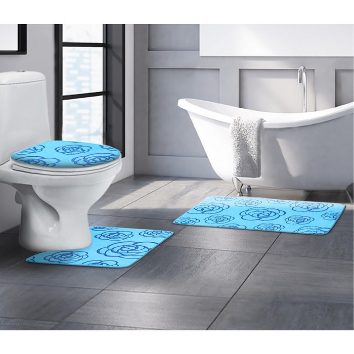 Набор ковриков для ванной и туалета "Цветок" 3 шт, цвет синий 