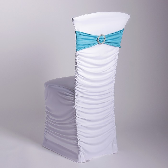 Чехол свадебный на стул, белый с голубой лентой 