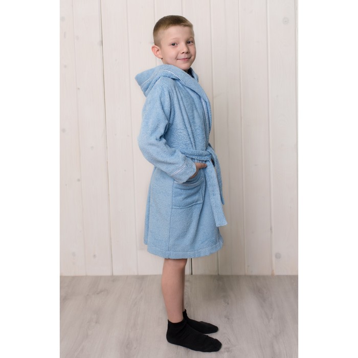 Халат для мальчика с капюшоном, рост 128 см, голубой, махра 