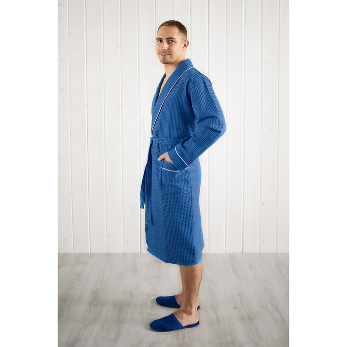 Халат мужской, шалька+кант, размер 50, синий, вафля 