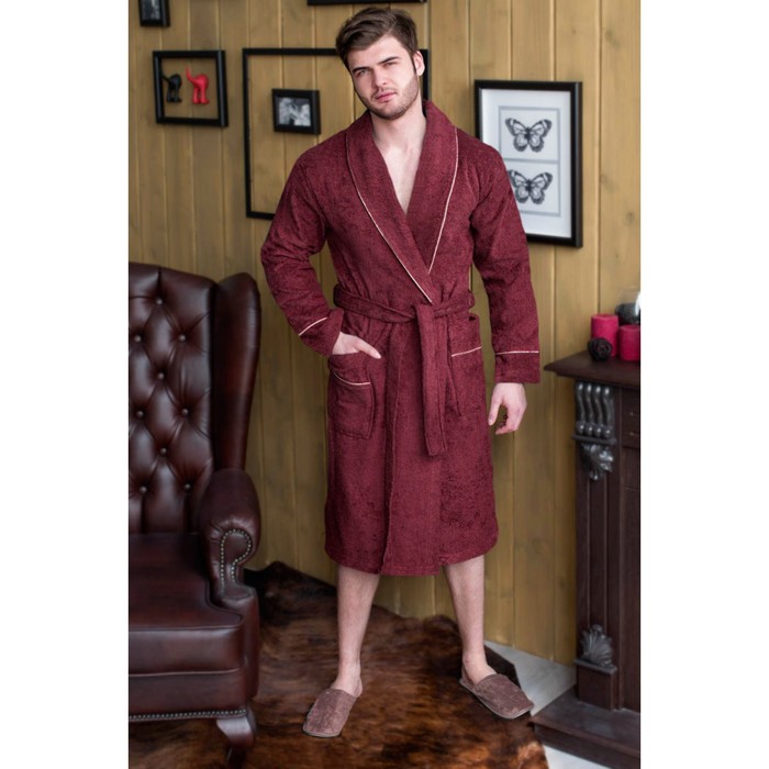 Халат мужской, шалька, размер 50, цвет бордовый, махра 