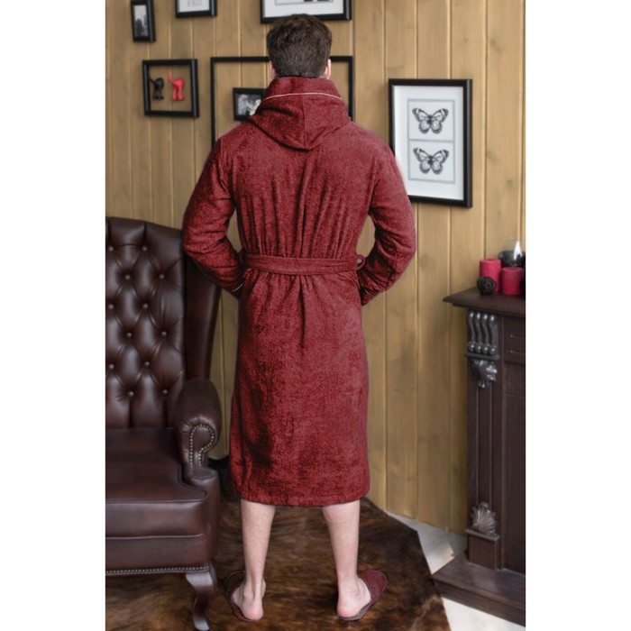 Халат мужской с капюшоном, размер 62, бордовый, махра 