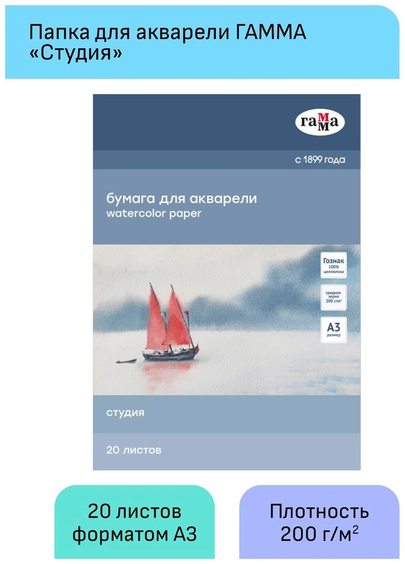 Папка для акварели, 20л., А3, Гамма "Студия", 200г/м2, среднее зерно  - фото 3