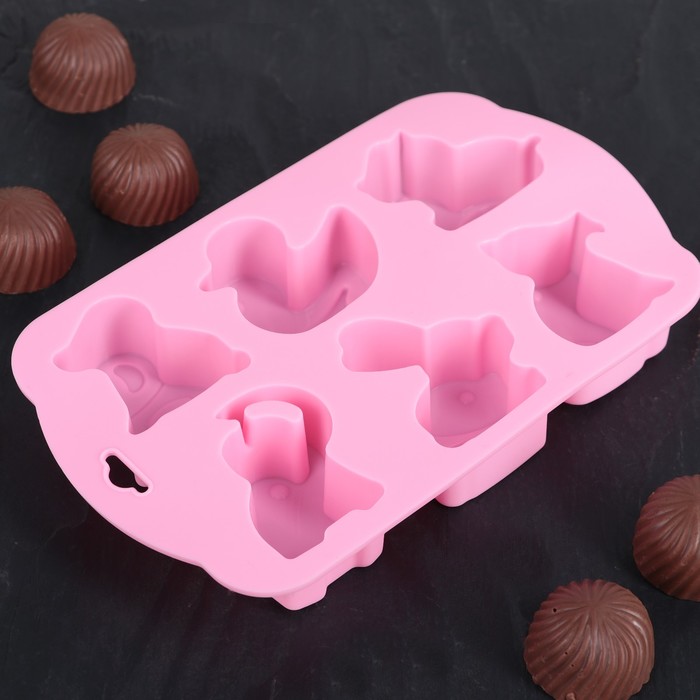 Форма для льда и шоколада "Животные", 6 ячеек, цвета МИКС 