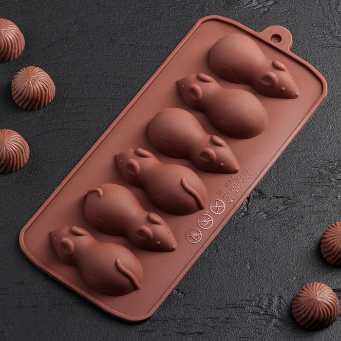 Форма для льда и шоколада 6 ячеек "Мышка" 24×10,7×2,2 см, цвет коричневый 
