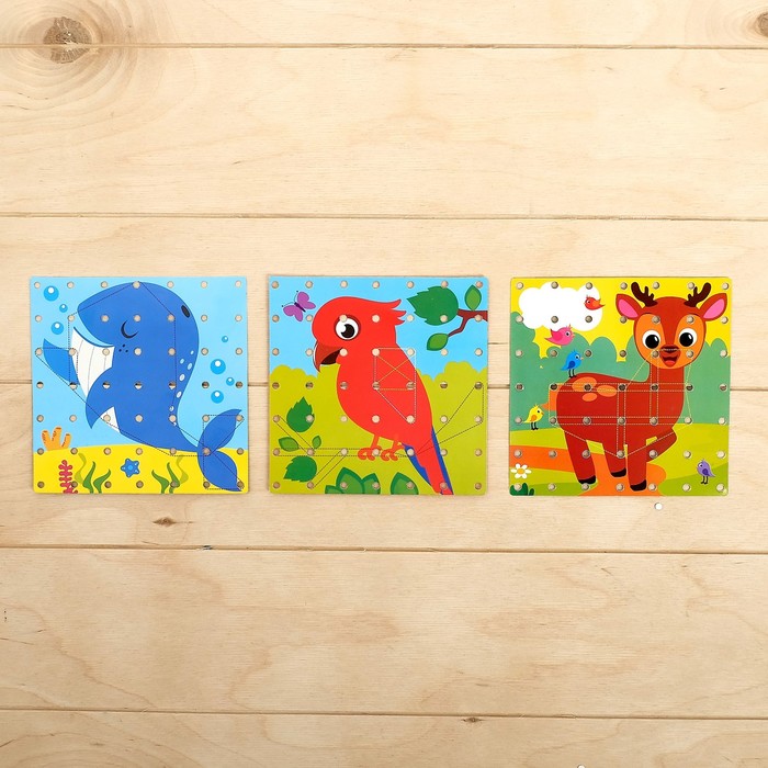 Геоборд двусторонний «Весёлые животные» со сменными картинками и резиночками, цвет МИКС 