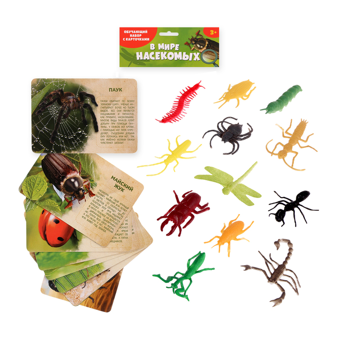 Набор животных с обучающими карточками "В мире насекомых", 12 животных, 12 карточек 