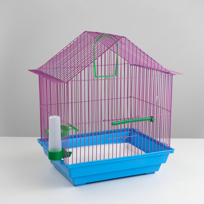 Клетка для птиц малая, крыша-домик (поилка, кормушка, жердочка, качель), 35 х 28 х 43 см 