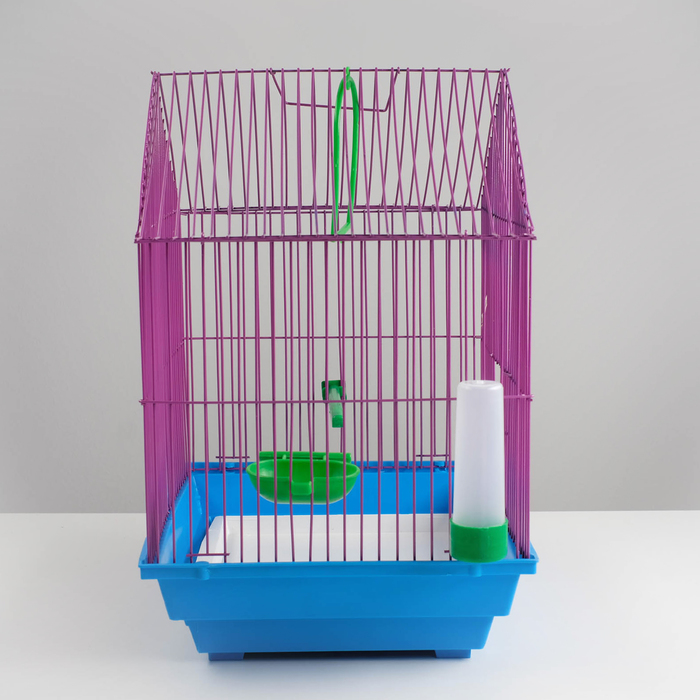 Клетка для птиц малая, крыша-домик (поилка, кормушка, жердочка, качель), 35 х 28 х 43 см 