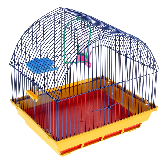 Клетка для птиц малая, полукруглая крыша (поилка, кормушка, жердочка, качель), 35х28х37см 