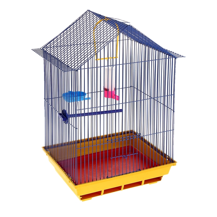 Клетка для птиц большая, крыша-домик (поилка, кормушка, жердочка, качель), 35 х 28 х 55 см 