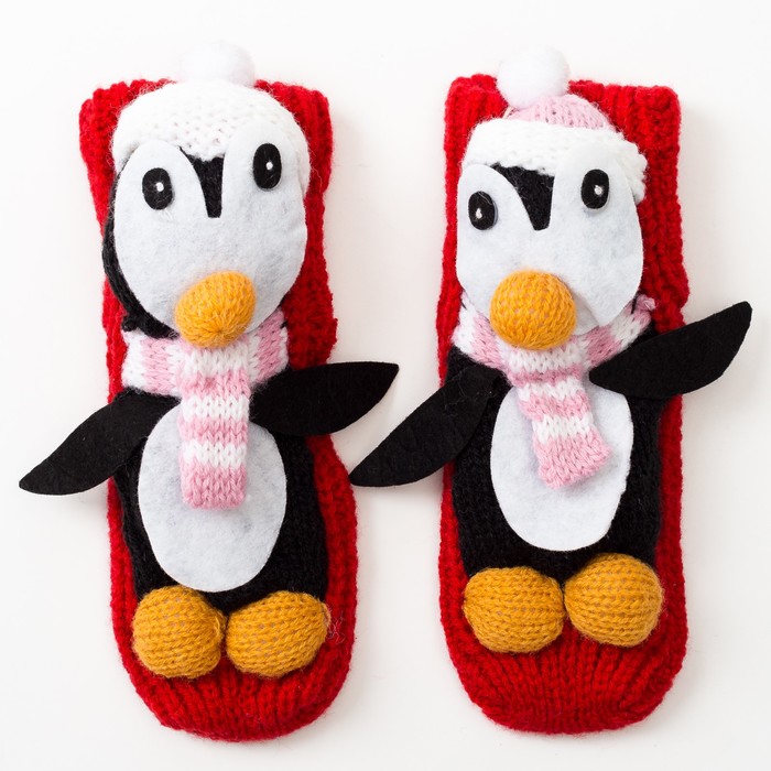 Носки новогодние детские вязаные, «Пингвин 3Д», цвет красный, размер 14-16 