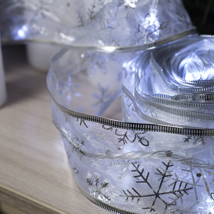 Гирлянда "Нить" Лента "Снежинки серебристые" 9 м, ширина 6 см, LED-72-220V, кон. 8 р. свечение белое 