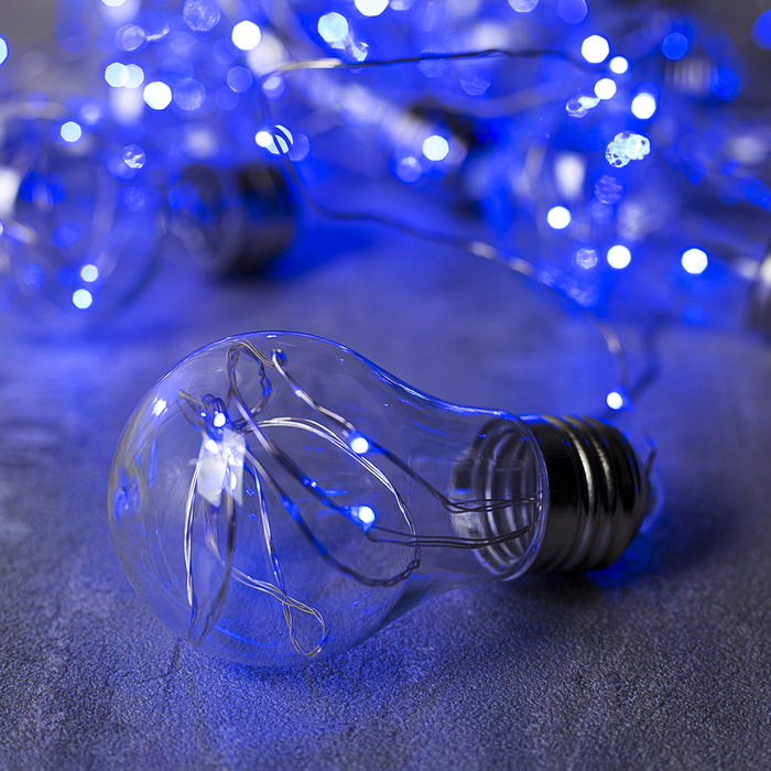 Гирлянда "Нить" с насадками "Лампочки" 3 м, 10 пластиковых лампочек, LED-100-12V, нить прозрачная, свечение синее 