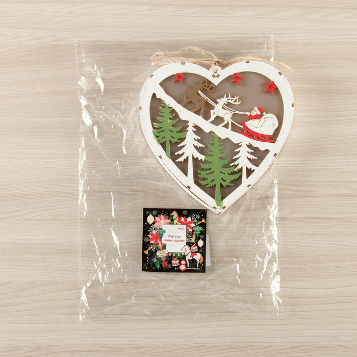 Фигура деревянная "Сердце Сани с Оленями", 19х19х3.5 см, 2*AA (не в компл.) 5 LED, белое 