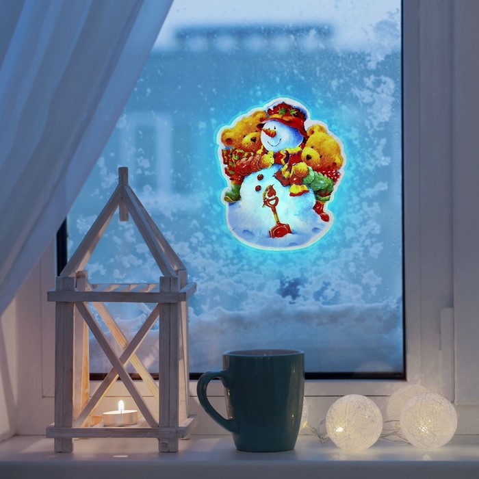 Световая картинка на присоске "Снеговичок"(батарейки в комплекте), оптоволокно, 1 LED, RGB 