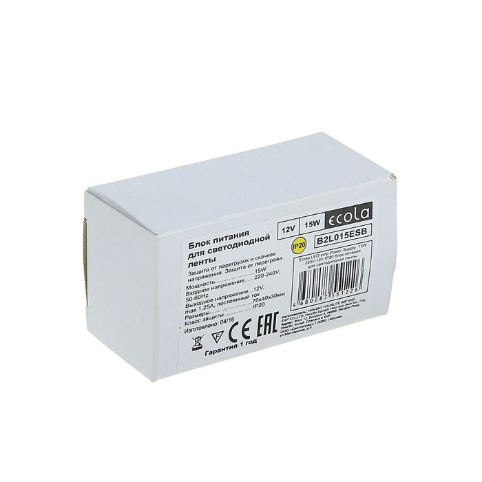 Блок питания для светодиодной ленты Ecola, 15 Вт, 220-12 В, IP20 