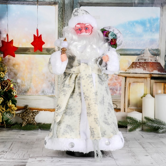 Дед Мороз "В белой шубке с подарками" 43 см, двигается, с подсветкой, без музыки 